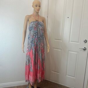 Sahiba Dress Halter Beaded Tie Neck Elastic Back Orange Paisley Blue Summer Pool